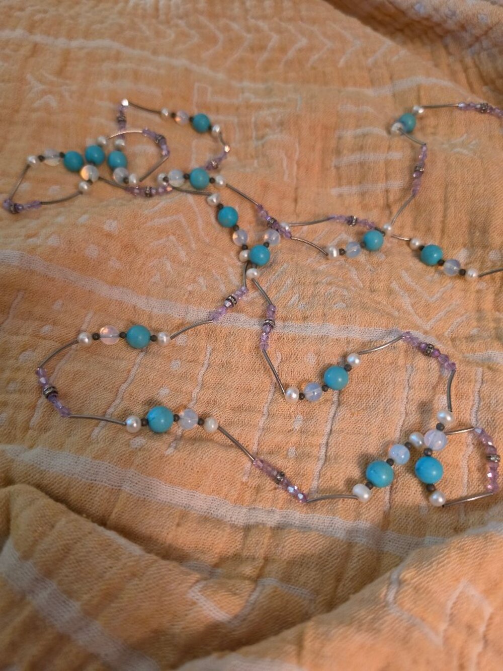 Boho Liquid Silver Turquoise & Pearl Long Illusion Station Necklace